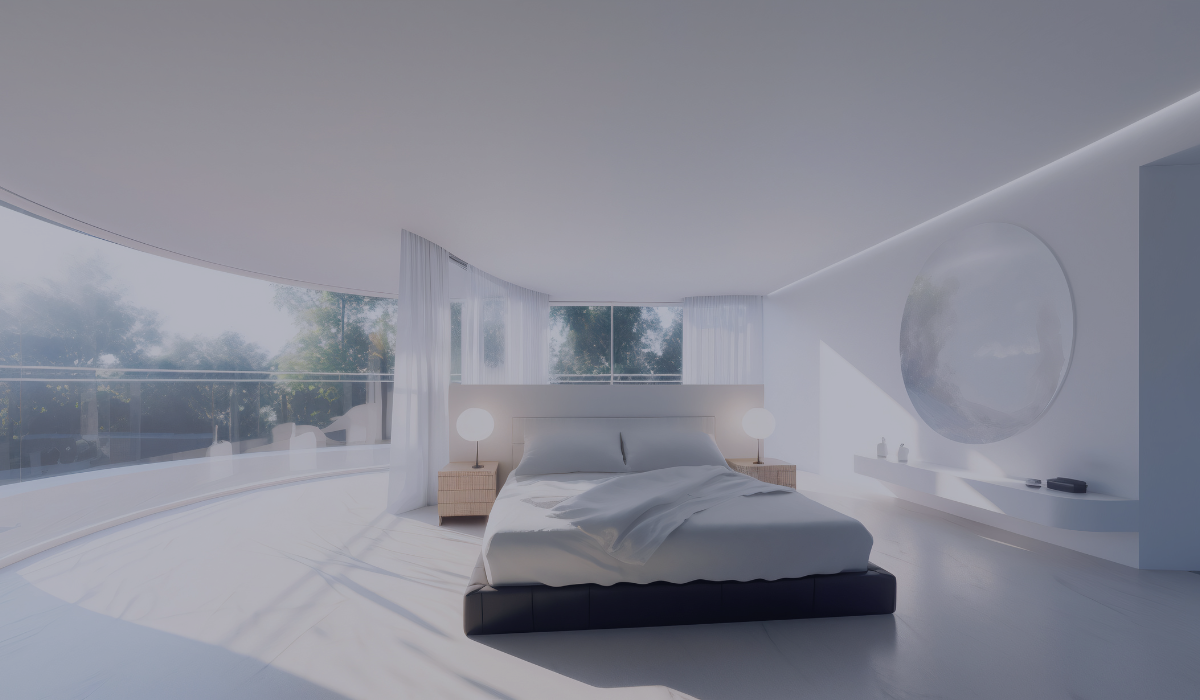 Dormitorio elegante y minimalista de un apartamento turístico de lujo